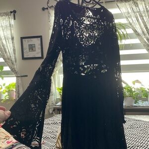 Free People Lace MIDI Dress with Flared Bell Sleeves Black Size 4